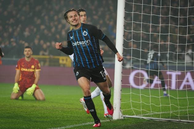 Club s Romeo Vermant celebrates after scoring during a soccer game between Belgian Club Brugge and French Olympique de Marseille, Wednesday 28 January 2026 in Brugge, on day eight of the League phase of the UEFA Champions League tournament. KURTxDESPLENTER  x159379675x