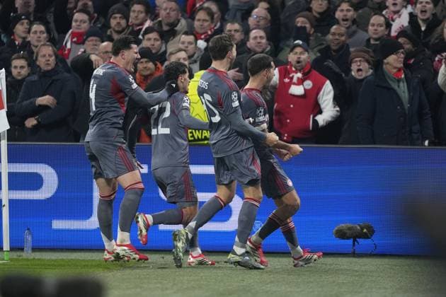 AMSTERDAM , 28-01-2026 , JohanCruijff ArenA , season 2025 2026 , UEFA Champions League football , League phase Matchday 8 , match between Ajax and Olympiacos , picture shows Olympiacos celebrating 1-2 Ajax - Olympiacos  x201148948x Copyright: