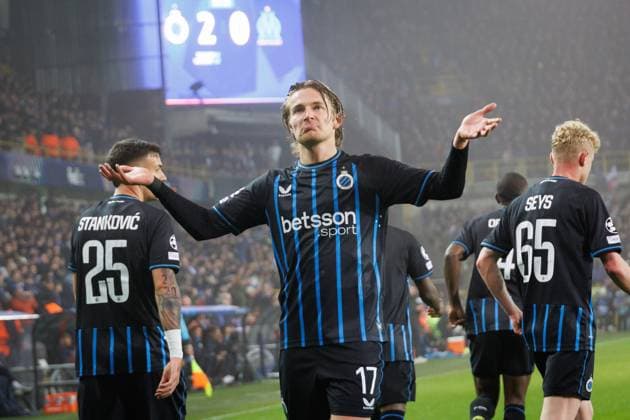 Club s Romeo Vermant celebrates after scoring during a soccer game between Belgian Club Brugge and French Olympique de Marseille, Wednesday 28 January 2026 in Brugge, on day eight of the League phase of the UEFA Champions League tournament. KURTxDESPLENTER  x159382389x