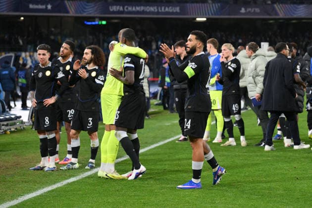 CALCIO - UEFA Champions League - SSC Napoli vs Chelsea FC Chelsea s players celebrate their victory at the end of the match during Uefa Champions League - Match Day 8- Championship between S.S.C. Napoli and Chelsea FC at the Maradona Stadium on Jan 28, 2026 in Naples, Italy. during SSC Napoli vs Chelsea FC, UEFA Champions League football match in Naples, Italy, January 28 2026 Naples Italy  Copyright: xIPAxSport ABACAx