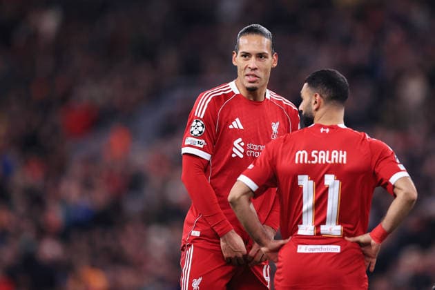 Football - UEFA Champions League - League Phase - Liverpool v Qarabag 28th January 2026 - UEFA Champions League - League Phase - Liverpool v Qarabag - Virgil van Dijk of Liverpool and Mohamed Salah of Liverpool stand together - Photo: Simon Stacpoole Offside. Manchester UK Copyright: xSimonxStacpoolexOffside