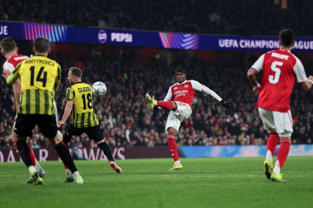 28th January 2026; Emirates Stadium, London, England; UEFA Champions League Football, Arsenal versus Kairat; Noni Madueke of Arsenal takes a shot on goal  HenningxvonxJagow
