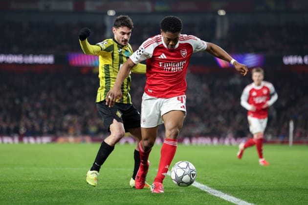 28th January 2026; Emirates Stadium, London, England; UEFA Champions League Football, Arsenal versus Kairat; Myles Lewis-Skelly of Arsenal on the ball  HenningxvonxJagow