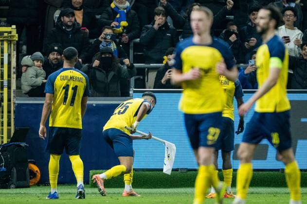 Union s Anan Khalaili celebrates after scoring during a soccer game between Belgian Royale Union Saint-Gilloise and Italian Atalanta Bergamo, on Wednesday 28 January 2026 in Brussels, on the eight day of the League phase of the UEFA Champions League tournament. JASPERxJACOBS  x159399953x