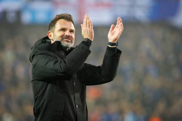 Club s head coach Ivan Leko celebrates after winning a soccer game between Belgian Club Brugge and French Olympique de Marseille, Wednesday 28 January 2026 in Brugge, on day eight of the League phase of the UEFA Champions League tournament. KURTxDESPLENTER  x159407694x