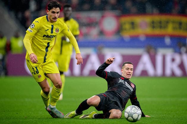 LEVERKUSEN, GERMANY - 1 JANUARY, 2023: Nathan Tella, Lucas Vazquez - The UEFA Champions League football match between Bayer 04 Leverkusen vs Villareal FC at BayArena.  Copyright: xVitaliixKliuievx