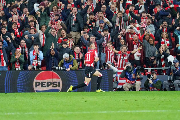 Gorka Guruzeta seen celebrating after goal during UEFA Champions League phase game between teams of Athletic Club and Sporting CP (Mickael Ducint Ball Raw Images) Bilbao San Mames Spain Copyright: xMickaelxDucintx AthleticSporting2526-128
