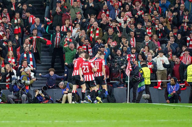 Gorka Guruzeta, Robert Navarro and Oihan Sancet seen Celebrating after goal during UEFA Champions League phase game between teams of Athletic Club and Sporting CP (Mickael Ducint Ball Raw Images) Bilbao San Mames Spain Copyright: xMickaelxDucintx AthleticSporting2526-132