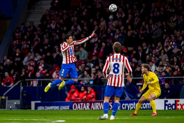 Atletico de Madrid v FK Bodo Glimt - UEFA Champions League 2025 26 League Phase MD8 Jose Maria Gimenez of Atletico de Madrid (L) heads the ball during the UEFA Champions League 2025 26 League Phase MD8 match between Atletico de Madrid and FK Bodo Glimt at Estadio Riyadh Air Metropolitano on January 28, 2026 in Madrid, Spain. Madrid Estadio Riyadh Air Metropolitano Madrid Spain Copyright: xAlbertoxGardinx AGardin_20260128_Foot_Cham_Atl_Mad_Bod_0776