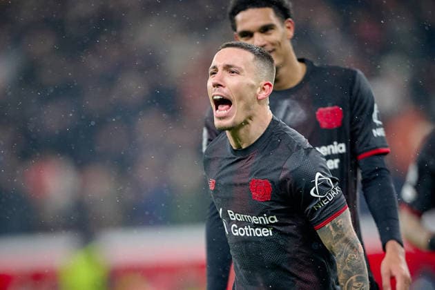 LEVERKUSEN, GERMANY - 28 JANUARY, 2026: Alejandro Grimaldo, goal - The UEFA Champions League football match between Bayer 04 Leverkusen vs Villareal FC at BayArena.  Copyright: xVitaliixKliuievx