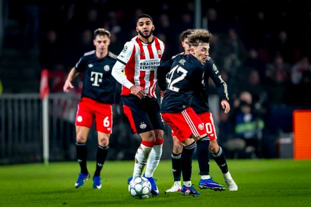 PSV Eindhoven midfielder Ismael Saibari, SC Bayern Munchen midfielder Lennart Karl during the match PSV Eindhoven vs FC Bayern Munchen at the Philips stadium for the Champions League - League phase - Matchday 8 season 2025-2026 in EINDHOVEN, Netherlands on 28 01 2026, (Photo by Marcel van Dorst EYE4IMAGES) -