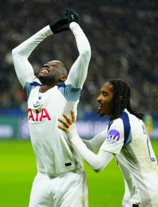 Randal Kolo Muani of Tottenham Hotspur celebrates scoring the opening goal with Djed Spence Eintracht Frankfurt v Tottenham Hotspur, UEFA Champions League, Group Stage, Football, Deutsche Bank Park, Frankfurt, Germany - 28 Jan 2026Frankfurt Deutsche Bank Park Germany EDITORIAL USE ONLY No use with unauthorised audio, video, data, fixture lists, club league logos or live services. Online in-match use limited to 120 images, no video emulation. No use in betting, games or single club league player publications. Copyright: xJavierxGarcia Shutterstockx 16429470cg