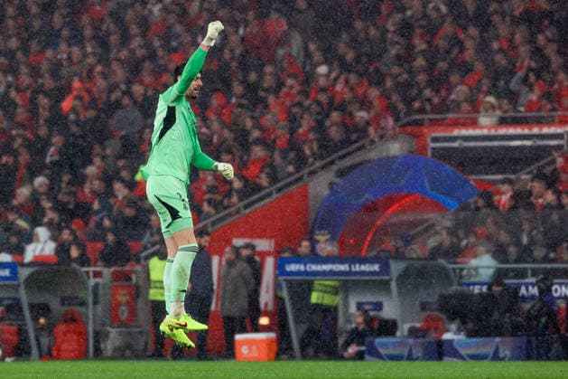 Estadio da Luz Thibaut Courtois of Real Madrid CF celebrates after scoring the team s first goal during the UEFA Champions League 2025 26 League Phase MD8 match between SL Benfica and Real Madrid C.F. at on January 28, 2026 in Lisbon, Portugal. UEFA Champions League 2025 26 League Phase MD8 - SL Benfica vs Rea Madrid CF (Valter Gouveia SPP) Copyright: xValterxGouveia SPPx spp-en-VaGo-VG_L6071