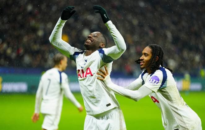 Randal Kolo Muani of Tottenham Hotspur celebrates scoring the opening goal with Djed Spence Eintracht Frankfurt v Tottenham Hotspur, UEFA Champions League, Group Stage, Football, Deutsche Bank Park, Frankfurt, Germany - 28 Jan 2026Frankfurt Deutsche Bank Park Germany EDITORIAL USE ONLY No use with unauthorised audio, video, data, fixture lists, club league logos or live services. Online in-match use limited to 120 images, no video emulation. No use in betting, games or single club league player publications. Copyright: xJavierxGarcia Shutterstockx 16429470ch