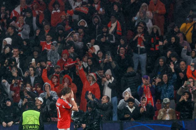Estadio da Luz Andreas Schjelderup of SL Benfica celebrates after scoring the team s first goal during the UEFA Champions League 2025 26 League Phase MD8 match between SL Benfica and Real Madrid C.F. at on January 28, 2026 in Lisbon, Portugal. UEFA Champions League 2025 26 League Phase MD8 - SL Benfica vs Rea Madrid CF (Valter Gouveia SPP) Copyright: xValterxGouveia SPPx spp-en-VaGo-VG_L6157