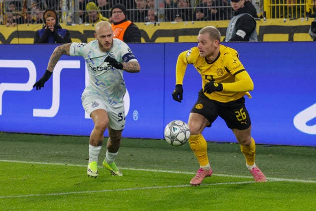 28.01.2026, xgrfx, Fussball UEFA Champions League , Borussia Dortmund - Inter Mailand v.l. Federico Dimarco (Inter Mailand), Julian Ryerson (Borussia Dortmund) (DFL DFB REGULATIONS PROHIBIT ANY USE OF PHOTOGRAPHS as IMAGE SEQUENCES and or QUASI-VIDEO) Signal Iduna Park