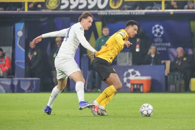 28.01.2026, xgrfx, Fussball UEFA Champions League , Borussia Dortmund - Inter Mailand v.l. Davide Frattesi (Inter Mailand), Jobe Bellingham (Borussia Dortmund) (DFL DFB REGULATIONS PROHIBIT ANY USE OF PHOTOGRAPHS as IMAGE SEQUENCES and or QUASI-VIDEO) Signal Iduna Park