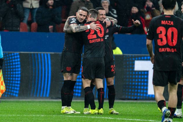 UEFA Champions League 2025 26 Bayer 04 Leverkusen vs. Villarreal CF 8. Spieltag der Ligaphase Mittwoch, 28.01.2026 BayArena (Nordrhein-Westfalen, Deutschland) Tor zum 3:0 durch Alejandro Grimaldo ( 20) Jubel Freude Emotionen Torjubel Lucas Vazquez ( 21) Aleix Garcia ( 24) Copyright: xCelinaxLeiersx