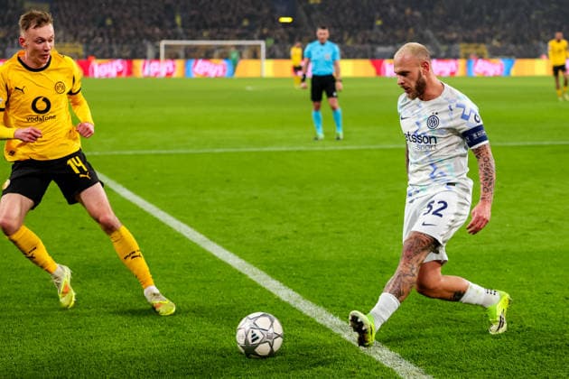 DORTMUND, GERMANY - JANUARY 28: Federico Dimarco of FC Internazionale passes the ball during the UEFA Champions League 2025 26 League Phase MD8 match between Borussia Dortmund and FC Internazionale Milano at BVB Stadion Dortmund on January 28, 2026 in Dortmund, Germany. (Photo by Rene Nijhuis) SPO  Copyright: xRenexNijhuis
