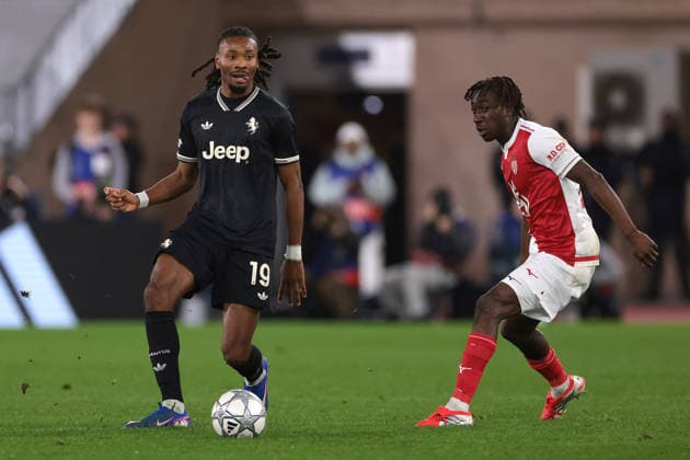 Monaco, Monaco, 28th January 2026. Khephren Thuram of Juventus passes the ball as Kassoum Ouattara of AS Monaco looks on during the AS Monaco vs Juventus UEFA Champions League match at Stade Louis II, Monaco. Picture credit should read: Jonathan Moscrop Sportimage EDITORIAL USE ONLY. No use with unauthorised audio, video, data, fixture lists, club league logos or live services. Online in-match use limited to 120 images, no video emulation. No use in betting, games or single club league player publications. SPI_032_JM_MONACO_JUVE_UCL SPI-4416-0032