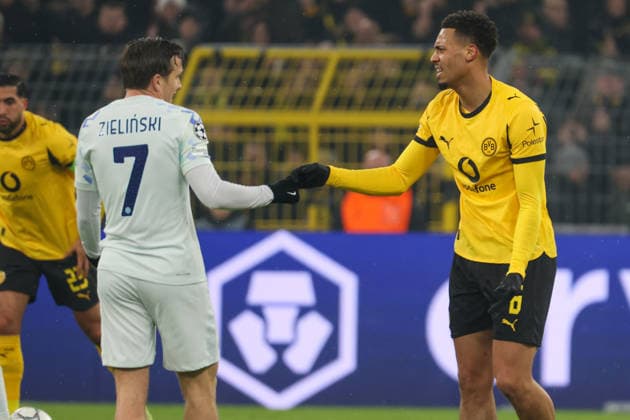 Dortmund, Deutschland 28. Januar 2026: Champions League - 2025 2026 - Borussia Dortmund vs. Inter Mailand Im Bild: v.li. Piotr Zielinski (Inter) und Felix Nmecha (BVB) Signal Iduna Park Nordrhein Westfalen Copyright: xFotostandx xFantinix