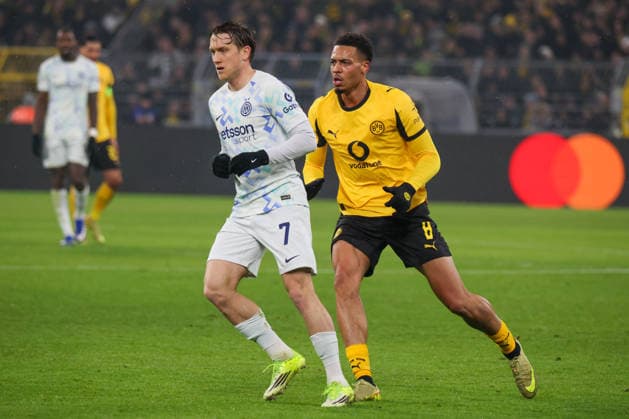 Dortmund, Deutschland 28. Januar 2026: Champions League - 2025 2026 - Borussia Dortmund vs. Inter Mailand Im Bild: v.li. Piotr Zielinski (Inter) und Felix Nmecha (BVB) Signal Iduna Park Nordrhein Westfalen Copyright: xFotostandx xFantinix