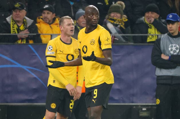 Dortmund, Deutschland 28. Januar 2026: Champions League - 2025 2026 - Borussia Dortmund vs. Inter Mailand Im Bild: v.li. Julian Ryerson (BVB) und Serhou Guirassy (BVB) Signal Iduna Park Nordrhein Westfalen Copyright: xFotostandx xFantinix