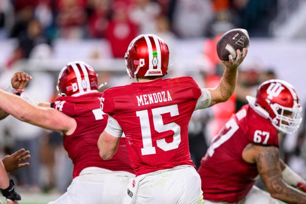MIAMI GARDENS, FL - JANUARY 19: QB Fernando Mendoza 15 of the Indiana Hoosiers throws the ball during the Indiana Hoosiers versus the Miami Hurricanes College Football Playoff National Championship Game Presented by AT&T on January 19, 2026, at Hard Rock Stadium in Miami Gardens, FL. (Photo by Doug Murray Icon Sportswire) COLLEGE FOOTBALL: JAN 19 College Football Playoff National Championship Presented by AT&T Indiana vs Miami EDITORIAL USE ONLY Icon796260119154