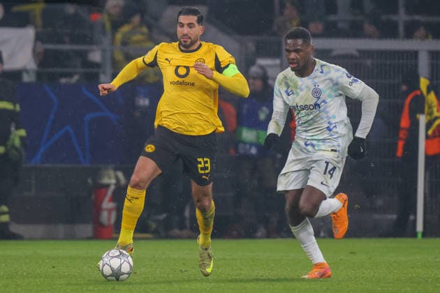 Dortmund, Deutschland 28. Januar 2026: Champions League - 2025 2026 - Borussia Dortmund vs. Inter Mailand Im Bild: v.li. im Zweikampf Emre Can (BVB) und Ange-Yoan Bonny (Inter) Signal Iduna Park Nordrhein Westfalen Copyright: xFotostandx xFantinix