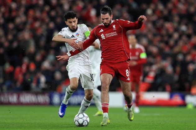 28th January 2026; Anfield, Liverpool, Merseyside, England; UEFA Champions League Football, Liverpool versus Qarabag; Dominik Szoboszlai of Liverpoolholds off a challenge from Abdellah Zoubir of Qarabag  DavidxBlunsden Content restricted for UK based newspaper