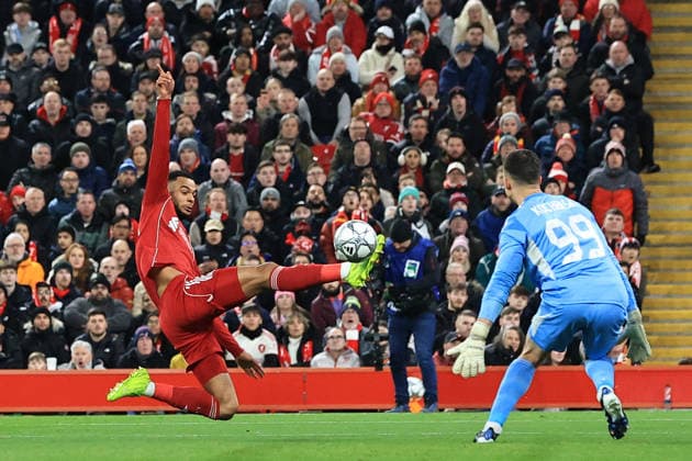 28th January 2026; Anfield, Liverpool, Merseyside, England; UEFA Champions League Football, Liverpool versus Qarabag; Cody Gakpo of Liverpool sees his effort saved by Qarabag goalkeeper Matesuz Kochalski  DavidxBlunsden Content restricted for UK based newspaper