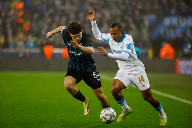 Football UEFA Champions League J8 match Bruges Brugge - Marseille PHOTOPQR LA PROVENCE SPEICH Frederic ; Bruges ; 28 01 2026 ; Football UEFA Champions League Phase de ligue Journee 8 Match Club Bruges KV - Olympique de Marseille ( OM ) au Stade Stade Jan-Breydel de Bruges (Belgique) Igor PAIXAO (Marseille) Kyriani SABBE (Bruges) Bruges Autre France  Copyright: xPHOTOPQR LAxPROVENCE MAXPPPxSPEICHxFredericx 20260128PVL2952 20260128PVL2952