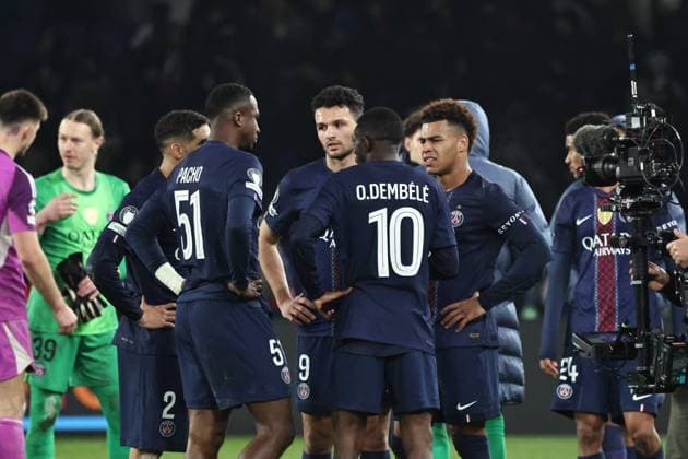 CHAMPION S LEAGUE PSG NEWCASTLE PHOTOPQR LE PARISIEN LP Fred Dugit ; Paris ; 28 01 2026 ; Sports Parc des Princes, Paris (XVIe), le 28 01 2026 Ligue des Champions Psg-Newcastle Willian Pacho (51), Goncalo Ramos (9), Ousmane Dembélé (10) et Désiré Doué (14) LP Fred Dugit