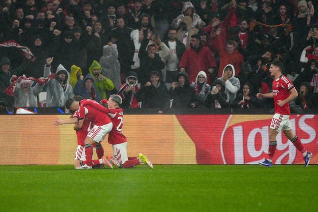 January 28, 2026, Lisbon, Portugal: Andreas Schjelderup, Samuel Dahl, Gianluca Prestianni of SL Benfica (C) and Georgiy Sudakov of SL Benfica (R) celebrate a goal during UEFA Champions League 2025 26 League phase Matchday 8 between SL Benfica and Real Madrid CF at Estadio da Luz. Final score SL Benfica 4 : 2 Real Madrid CF Lisbon Portugal - ZUMAs197 20260128_aaa_s197_460 Copyright: xBrunoxdexCarvalhox