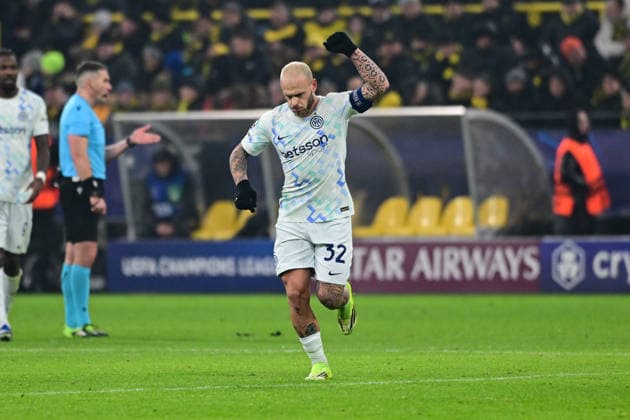 Torjubel zum 0:1 durch Federico Dimarco (FC Internazionale Milano, 32), Borussia Dortmund vs. Inter Mailand, Fussball, Champions League, Gruppenphase, Matchday 8, 28.01.2026 Dortmund Nordrhein-Westfalen Deutschland