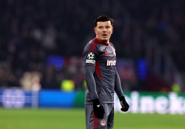 Giulian Biancone of Olympiakos Piraeus during the match AFC Ajax Amsterdam vs Olympiacos Piraues at the Johan Cruijff ArenA for the UEFA Champions League season 2025-2026 in AMSTERDAM, Netherlands on 28 january 2026 (Photo by Peter Lous EYE4IMAGES) -
