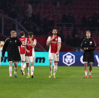 Davy Klaassen of AFC Ajax, Youri Regeer of AFC Ajax ,Josip Sutalo of AFC Ajax and Sean Steur of AFC Ajax disappointed after losing the game during the match AFC Ajax Amsterdam vs Olympiacos Piraues at the Johan Cruijff ArenA for the UEFA Champions League season 2025-2026 in AMSTERDAM, Netherlands on 28 january 2026 (Photo by Peter Lous EYE4IMAGES) -