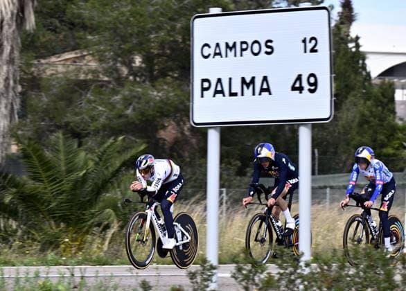 Belgian Remco Evenepoel (L) and his teammates of Red Bull-BORA-hansgrohe pictured during a warm-up ride, before the Team Time Trial of the Trofeo Ses Salines Challenge Mallorca cycling race, 23,8km in Colonia de Sant Jordi, Mallorca, Spain on Thursday 29 January 2026. Belgian Evenepoel is participating in the first race in the colors of his new team Red Bull-Bora-Hansgrohe. ERICxLALMAND  x159558436x