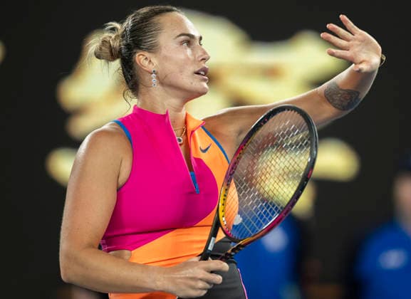 (260129) -- MELBOURNE, Jan. 29, 2026 -- Aryna Sabalenka reacts after the women s singles semifinal match between Aryna Sabalenka of Belarus and Elina Svitolina of Ukraine at the Australian Open tennis tournament in Melbourne, Australia, Jan. 29, 2026. (Photo by Xinhua) (SP)AUSTRALIA-MELBOURNE-TENNIS-AUSTRALIAN OPEN-WOMEN S SINGLES-SEMIFINALS HuxJingchen 