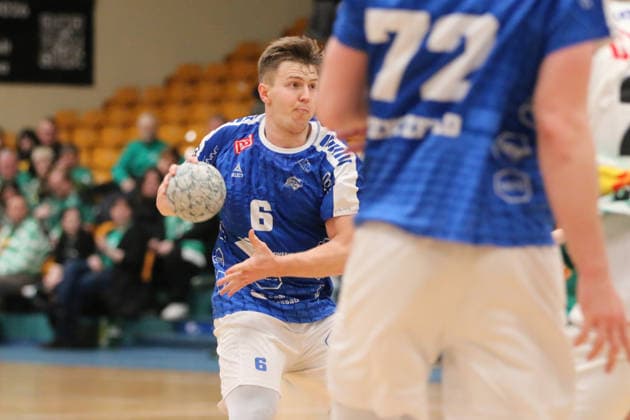 29.01.2026 Handball Herren 2025 2026 Testspiel Dessau-Roßlauer HV 06 - SC DHFK Leipzig Anhalt Arena Dessau Fritz-Leon Haake (Dessau, 6, blau) am Ball. Dessau-Roßlau Sachsen-Anhalt Deutschland