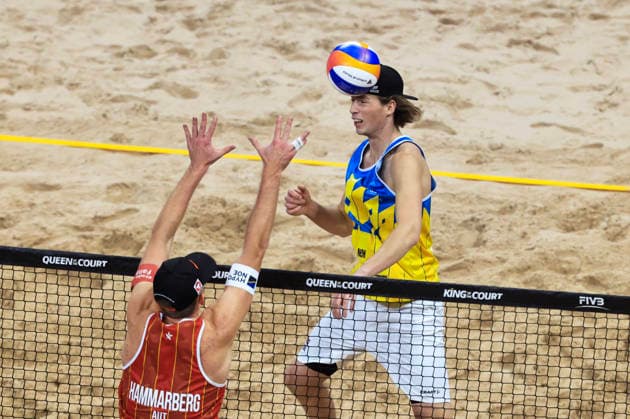 Austria s Timo Hammarberg against Sweden s Jacob Hölting Nilsson during the final of the Beach volleyball, Beachvolleyball competition Stockholm Beach 2026, an official competition in the international Queen & King of the Court series, at Avicii Arena in Stockholm, Sweden, January 29, 2026. STOCKHOLM SWEDEN x60160x