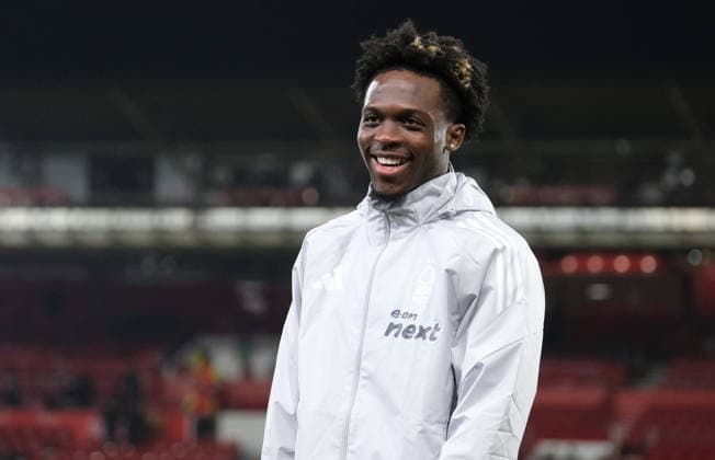 Dilane Bakwa of Nottingham Forest during the pre-match warm-up during the UEFA Europa league football match between Nottingham Forest and Ferencvaros TC at the City Ground in Nottingham. Copyright: xPaulxBonser SportsxPressxPhotox Sportspressphoto_SPR86694