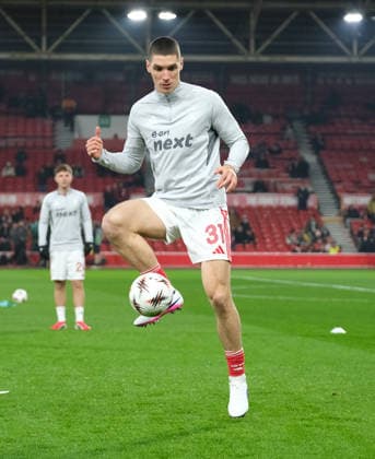 Nikola Milenkovic of Nottingham Forest during the pre-match warm-up during the UEFA Europa league football match between Nottingham Forest and Ferencvaros TC at the City Ground in Nottingham. Copyright: xPaulxBonser SportsxPressxPhotox Sportspressphoto_SPR86696