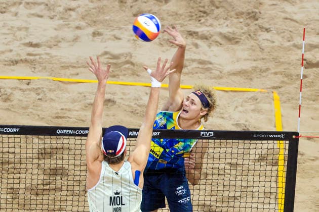 STOCKHOLM, SWEDEN 20260129 Norway s Anders Mol against Sweden s Jacob Hölting Nilsson during the final of the Beach volleyball, Beachvolleyball competition Stockholm Beach 2026, an official competition in the international Queen & King of the Court series, at Avicii Arena in Stockholm. STOCKHOLM SWEDEN x60160x