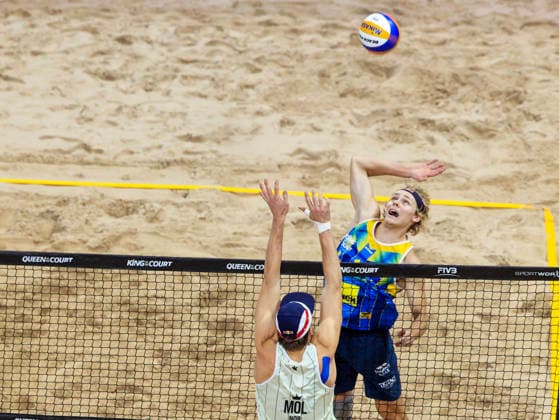 STOCKHOLM, SWEDEN 20260129 Norway s Anders Mol against Sweden s Jacob Hölting Nilsson during the final of the Beach volleyball, Beachvolleyball competition Stockholm Beach 2026, an official competition in the international Queen & King of the Court series, at Avicii Arena in Stockholm. STOCKHOLM SWEDEN x60160x