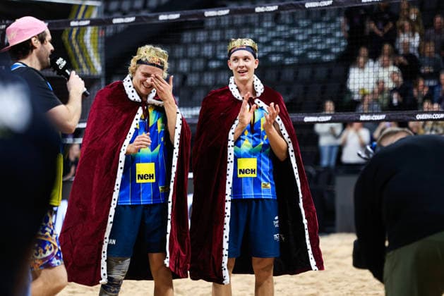 STOCKHOLM, SWEDEN 20260129 Sweden s David Ahman and Jonatan Hellvig win the final of the Beach volleyball, Beachvolleyball competition Stockholm Beach 2026, an official competition in the international Queen & King of the Court series, at the Avicii Arena in Stockholm. STOCKHOLM SWEDEN x60160x