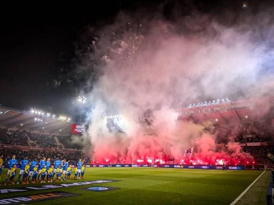 Supporters with fireworks and smoke bombs pictured during a soccer game between Belgian soccer team KRC Genk and Swedish team Malmo FF, in Genk, on Thursday 29 January 2026, on day eight of the League phase of the UEFA Europa League tournament. JILLxDELSAUX  x159638686x
