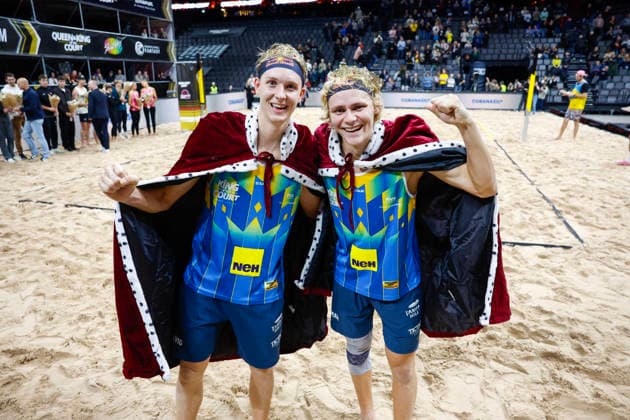 Sweden s David Ahman and Jonatan Hellvig win the final of the Beach volleyball, Beachvolleyball competition Stockholm Beach 2026, an official competition in the international Queen & King of the Court series, at the Avicii Arena in Stockholm, Sweden, January 29, 2026. STOCKHOLM SWEDEN x60160x