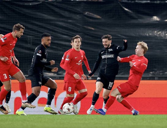 SOCCER - UEFA EL, Sturm vs Brann GRAZ,AUSTRIA,29.JAN.26 - SOCCER - UEFA Europa League, SK Sturm Graz vs SK Brann Bergen. Image shows Maurice Malone (Sturm), Felix Horn Myhre (Brann), Otar Kiteishvili (Sturm) and Thore Pedersen (Brann).  GEPAxpictures xHansxOberlaender