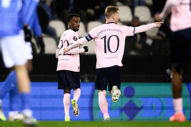 260129 Taha Ali and Anders Christiansen of Malmö FF celebrate after 0-1 during the UEFA Europa League football match between KRC Genk and Malmö FF on January 29, 2026 in Genk. Photo: Simon Hastegard BILDBYRAN kod SH SH0684 fotboll football soccer fotball uefa europa league europa league krc genk malmö ff bbeng jubel Copyright: SIMONxHASTEGARD BB260129SH030